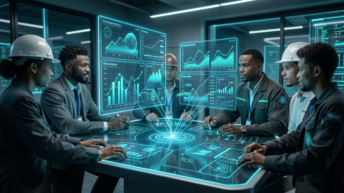 Univers high tech détaillé avec une équipe analysant une interface holographique, des tableaux de comparaison, des données et des graphiques numériques flottants.