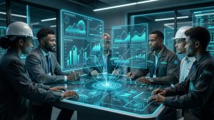 Univers high tech détaillé avec une équipe analysant une interface holographique, des tableaux de comparaison, des données et des graphiques numériques flottants.