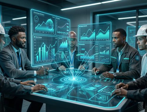 Univers high tech détaillé avec une équipe analysant une interface holographique, des tableaux de comparaison, des données et des graphiques numériques flottants.