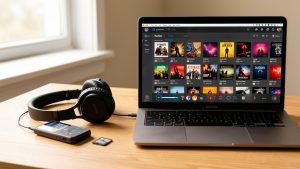 Baladeur MP3 compact posé sur un bureau avec une carte microSD, un casque filaire et un ordinateur portable affichant une bibliothèque musicale visuelle.