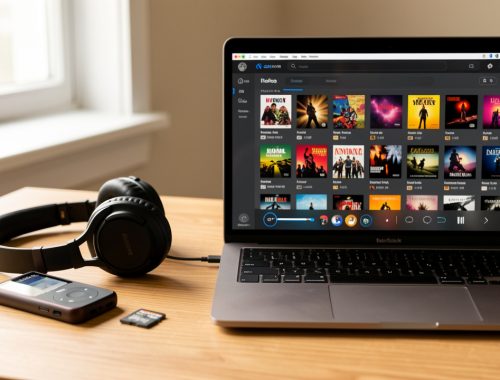 Baladeur MP3 compact posé sur un bureau avec une carte microSD, un casque filaire et un ordinateur portable affichant une bibliothèque musicale visuelle.