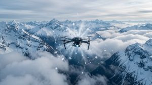 Drone autonome survolant des nuages montagneux froids, avec une visualisation délicate de particules d’iodure d’argent et de cristaux de glace dans une atmosphère alpine bleutée.