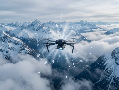 Drone autonome survolant des nuages montagneux froids, avec une visualisation délicate de particules d’iodure d’argent et de cristaux de glace dans une atmosphère alpine bleutée.