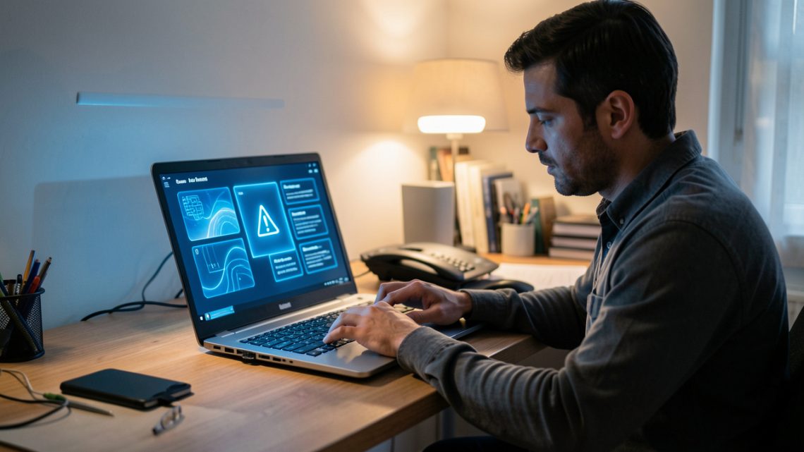Un homme consulte une interface d’intelligence artificielle abstraite sur un ordinateur portable dans une ambiance réaliste de dépannage informatique.