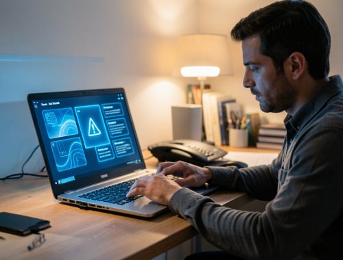 Un homme consulte une interface d’intelligence artificielle abstraite sur un ordinateur portable dans une ambiance réaliste de dépannage informatique.