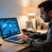 Un homme consulte une interface d’intelligence artificielle abstraite sur un ordinateur portable dans une ambiance réaliste de dépannage informatique.