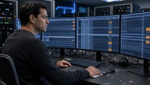 Administrateur informatique analysant des journaux de serveur sur plusieurs écrans dans une salle de cybersécurité sobre, éclairée par des lueurs bleues et des alertes discrètes.