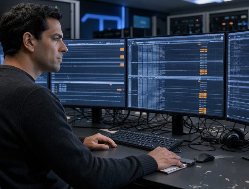 Administrateur informatique analysant des journaux de serveur sur plusieurs écrans dans une salle de cybersécurité sobre, éclairée par des lueurs bleues et des alertes discrètes.