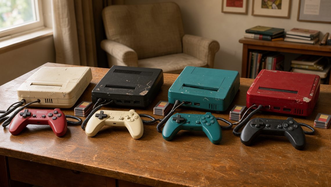 Sélection de consoles de retrogaming, manettes colorées et cartouches de jeux disposées sur un bureau en bois.