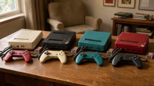 Sélection de consoles de retrogaming, manettes colorées et cartouches de jeux disposées sur un bureau en bois.
