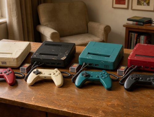 Sélection de consoles de retrogaming, manettes colorées et cartouches de jeux disposées sur un bureau en bois.