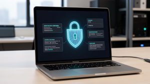 Ordinateur portable affichant une interface abstraite d’alerte de cybersécurité avec un cadenas numérique lumineux et des données anonymisées.