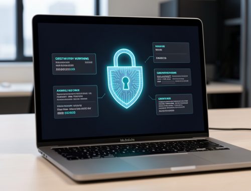 Ordinateur portable affichant une interface abstraite d’alerte de cybersécurité avec un cadenas numérique lumineux et des données anonymisées.