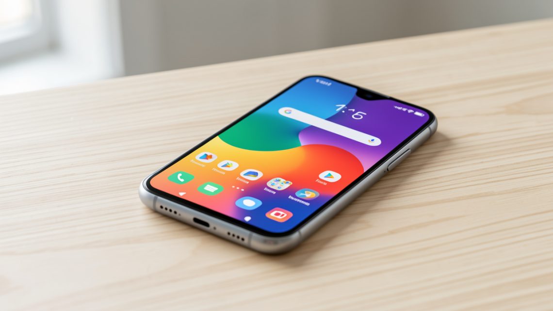 Smartphone 5G moderne posé sur une table claire, avec un écran AMOLED affichant une interface colorée abstraite.