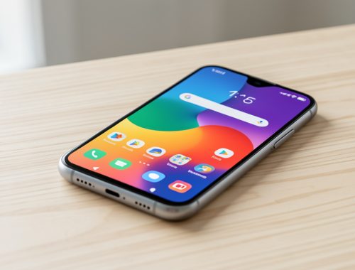 Smartphone 5G moderne posé sur une table claire, avec un écran AMOLED affichant une interface colorée abstraite.