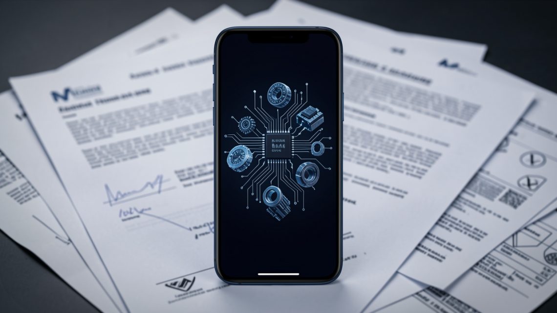Smartphone premium vu de face, avec écran OLED sombre, éléments techniques abstraits et documents flous dans une ambiance éditoriale technologique sobre.