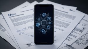 Smartphone premium vu de face, avec écran OLED sombre, éléments techniques abstraits et documents flous dans une ambiance éditoriale technologique sobre.