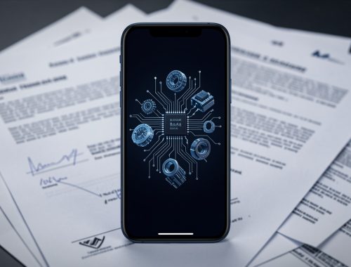 Smartphone premium vu de face, avec écran OLED sombre, éléments techniques abstraits et documents flous dans une ambiance éditoriale technologique sobre.